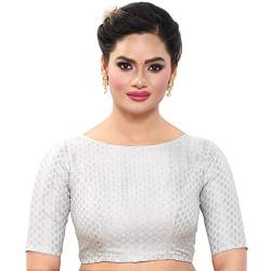 Madhu Fashion Damen Brokat Ellenbogenlange Ärmel Fertig Saree Bluse, silber, 44 von Madhu Fashion