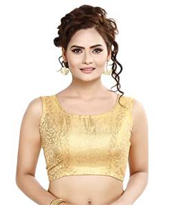 Madhu Fashion Damen Rich Golden Banaras Brokat ärmellose fertige Saree-Bluse, Gold, 42 von Madhu Fashion