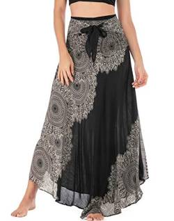 FEOYA Rock Boho Lang Damen Sommerrock Maxi Rock Hohe Elastische Taille Strand Hippie Rock Gedruckt Blumen Bohemian Strandrock Strandkleid Urlaub Gypsy Schwarz Rock Blumenmuster Floral A Linie Sommer von Maeau