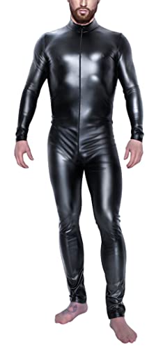 Kunstleder-Body für Herren, glänzend, Catsuit, einteilig, mit Reißverschluss vorne, Leotard, Playsuit, Overall, Clubwear, Kostüm, Wetlook-Lederhose, Kunsthose für Halloween, Cosplay, schwarz 1, 46 von Maeau