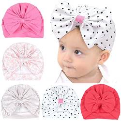 Maeau 5 Stück Turban Hüte Baby Mädchen Jungen 0-6 Monate Turban Mütze mit Schleifen Neugeborene Turban Knoten Blumen Beanie Hut Bedruckt Gestreift Punkten Kleinkind Babymütze Printemps Automne Rot von Maeau