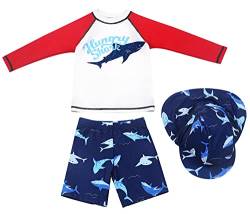 Maeau Bade Set Kinder Junge Bademode Jungen 7-8 Jahre Zweiteiliger Badeanzug mit Langen Ärmeln Badebekleidung Uv Schutz Schwimmbekleidung Cartoon Badeshorts Badehose Set Jungen und Hut Rot von Maeau