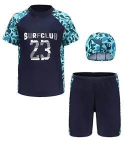 Maeau Bade Set Kinder Junge Bademode Jungen 9-10 Jahre Zweiteiliger Badeanzug mit Kurzen Ärmeln Badebekleidung Uv Schutz Schwimmbekleidung Cartoon Badeshorts Badehose Set Jungen und Hut Marineblau von Maeau