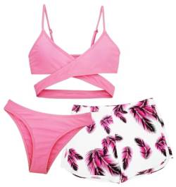 Maeau Badeanzug Dreiteilig Mädchen 10 11 Jahre Bademode Bikini Kinder Mädchen 140 Zweiteiliger Badeanzug Bedruckt Blumen Floral Badebekleidung 3 2 teiler Badeanzug Hawaii Strand Shorts Schwimmen Rosa von Maeau