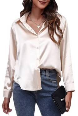 Maeau Blusenshirt Damen Elegant Arbeitshemd Langarm Lose Seidenbluse Knopf Seide Freizeithemd Stehtkragen Satin Oberteile Business Klassische Seidenshirt Einfarbig Damenshirt L von Maeau