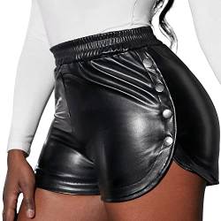 Maeau Damen Ledershort Kunstleder Schnürung Casual Short Hohe Taille Schwarz Leder Short Pu Lederoptik Kurze Hose Skinny Sexy Stretch Hotpants - L von Maeau