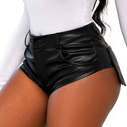 Maeau Damen Ledershort Pu Lederoptik Kurze Hose Skinny Sexy Stretch Hotpants Kunstleder Schnürung Casual Short Hohe Taille Schwarz Leder Short - S von Maeau