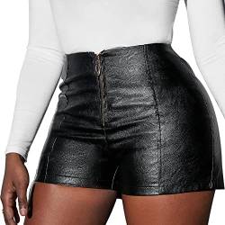 Maeau Damen Ledershort Skinny Sexy Stretch Hotpants Kunstleder Schnürung Casual Short Hohe Taille Schwarz Leder Short Pu Lederoptik Kurze Hose - M von Maeau