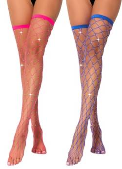 Maeau Damen-Netzstrümpfe, Netzstrumpfhose, glitzernde Netzstrümpfe, glänzend, dehnbar, für Festival, Halloween, Clubwear, Party, Blau/Rosa, One size von Maeau