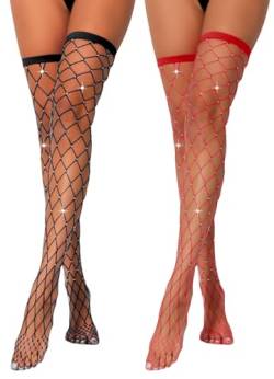 Maeau Damen-Netzstrümpfe, Netzstrumpfhose, glitzernde Netzstrümpfe, glänzend, dehnbar, für Festival, Halloween, Clubwear, Party, Schwarz/Rot 01, One size von Maeau