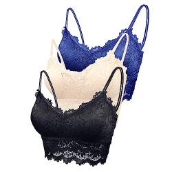 Maeau Damen Sport BH Spitze Blau Schwarz Hautfarben 3er Pack BH Baumwolle Ohne Bügel Set 75C 75D 80A 80B 80C BH Push Up Yoga Bra Fraune Bralette Crop BH Top Set L Polster Gepolstert Bustier Camisole von Maeau