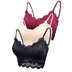 Maeau Damen Sport BH Spitze Rot Schwarz Hautfarben 3er Pack BH Baumwolle Ohne Bügel Set 70A 70B 70C 70D 75A 75B BH Push Up Yoga Bra Fraune BH Top Set M Crop BH Top Polster Gepolstert Bustier Camisole von Maeau