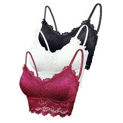 Maeau Damen Sport BH Spitze Weiß Schwarz Weinrot 3er Pack BH Baumwolle Ohne Bügel Set 70A 70B 70C 70D 75A 75B BH Push Up Yoga Bra Fraune BH Top Set M Crop BH Top Polster Gepolstert Bustier Camisole von Maeau