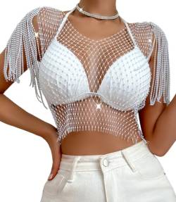 Maeau Fischnetz Shirts Damen Pailletten Netzhemd Strasssteine Funkelnde Netz Top Durchsichtiges Sexy Mesh Top Shiny Aushöhlen Tank Weste Ärmellose Glitzer Netz Oberteil L von Maeau