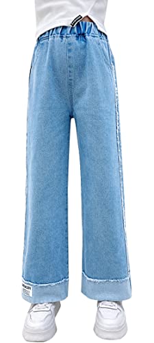 Maeau Jeans Mädchen 6 7 Jahre Jeans mit Weitem Bein Jeanshose Kinder Mädchen Baggy Jeans Teenager Mädchen Denim Hose Gerades Bein Loose Fit Jeans Elastischer Bund Jean Hosen Lange Hellblau von Maeau