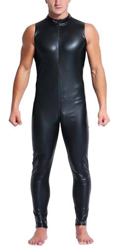 Maeau Jumpsuit Männer Kunstleder Oberteile Wetlook Latex Ganzkörperanzug Metall Rocker Clubwear Slim Fit Hochglanz Playsuit XL von Maeau