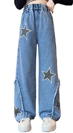 Maeau Löchern Baggy Jeans Mädchen Wide Leg Straight Lockere Jeanshose High Waist Lang Lochjeans Stretch Schnürung Zerrissene Jeans Summer Lässige Elegant Hosen Destroyed Jeans Pentagramm - 146/152 von Maeau