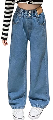 Maeau Mädchen Lässige Jeans Straight Lang Jeans High Waist Stretch Jeanshose Wide Leg Lockere Arbeitshose Knopf Baggy Jeans - 140/146 von Maeau