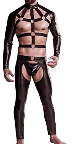 Herren sexy schwarzes Wetlook Harness-Set mit Bolero Bondage Oberteil mit Bänder Chaps Riemchen String Roleplay Verkleidung L-XL von Männer