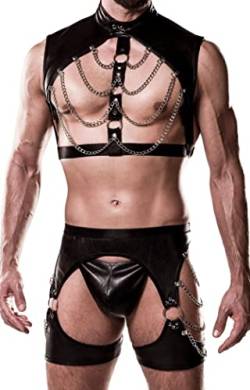 Herren sexy schwarzes Wetlook Harness-Set mit Shorts Bondage Oberteil mit Bänder Ketten String Roleplay Verkleidung L-XL von Männer