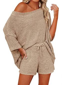 Mafulus Damen 2-teiliges Outfit Pullover-Set Schulterfreies Strickoberteil + Kordelzug Taille Kurze Anzüge Casual Niedliche Sets - Beige - Mittel von Mafulus