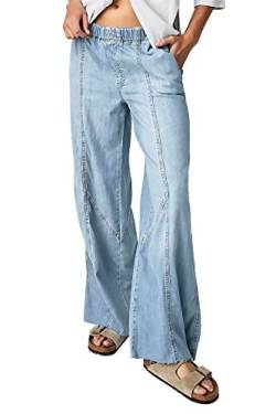 Mafulus Damen Jeans mit weitem Bein, elastisch, hohe Taille, Baggy-Jeans, lockere Passform, genähte Vorderseite, Denim-Hose, Hell, blau, 38 von Mafulus