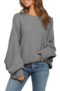 Mafulus Damen Oversized Crewneck Sweater Batwing Puff Long Sleeve Cable Slouchy Pullover Jumper Tops, 1-grau, Mittel von Mafulus