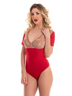 Magi Damen Body | Stringbody mit V-Hals | V-Ausschnitt Bodysuit Größen | Kurze Ärmel | Damenbody | Unterzieh-Body optimale Passform | Tanz-Body für Frauen (S, Rot) von Magi