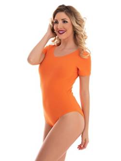 Magi Damenbody mit kurze Ärmel und Rundhals Damen Tshirt Overall Bodysuit Unterzieh-Body optimale Passform Sportlicher Tanz-Body für Frauen (M, Orange) von Magi