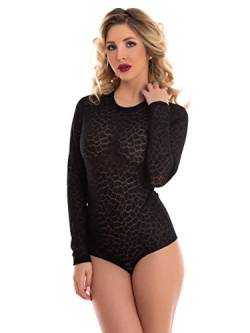 Magi Spitzen-Body | Damen Langarm Body mit Rundhals | transparenter Unterzieh-Body Größen | Damen Dessous | Florale Spitze | Verschluss-Haken | Unterzieh-Body (L, schwarz) von Magi