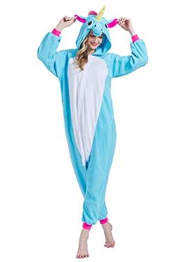 Unisex Erwachsene Tier Onesie Pyjama Damen Herren Anime Cosplay Nachtwäsche Einteiler Halloween Kostüm, Blau, Einhorn, L von Magicalani