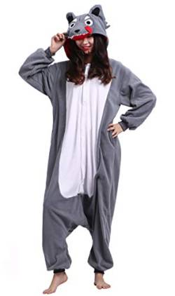 Unisex Kigurumi Jumpsuit Tier Pyjamas Kostüm Fasching Onesie Damen Herren Karneval Cosplay Nachtwäsche, Grau Wolf von Magicmode