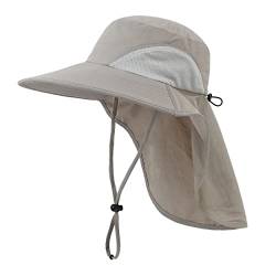 Magracy Herren/Damen Outdoor-Sonnenhut mit breiter Krempe und Nackenklappe aus Netzstoff, UV-Schutz, Fischerhut hellgrau von Magracy