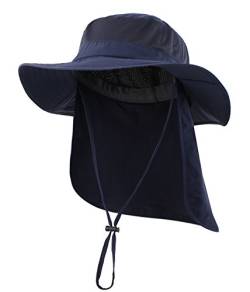 Magracy Unisex Outdoor-Sonnenhut mit breiter Krempe Mesh UPF50+ Safari-Hüte mit Nackenklappe Angelhüte, Marineblau von Magracy