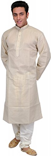 Maharanis Kurta Pajama mit beigem Hemd und cremefarbener Hose Bestickung an Kragen und Knopfleiste M von Maharanis