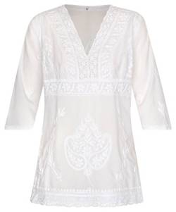 Maharanis Kurti Tunika Bluse tailliert Reine Baumwolle weiß handbestickt Gr. XXL 44/46 von Maharanis