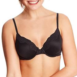 Maidenform Comfort Devotion Spitzen-BH, glättender T-Shirt-BH für täglichen Komfort, bequemer Spitzen-BH, Schwarz mit beigefarbenem Futter, 90D von Maidenform