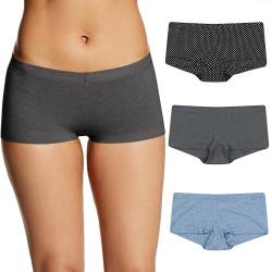 Maidenform Damen Unterwäsche, Baumwolle Boyshort Höschen für Frauen, 3er-Pack Slips für Jungen, Punktemuster/Grau/Blau meliert, Small von Maidenform