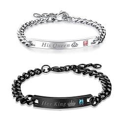 Maigendoo Damen Herren Pärchen Armbänder Edelstahl Paare Armbänd mit Gravur His Queen Her King Rostfreier Stahl Partner Armband Couple Armbänder für Liebhaber Lover Geschenke (Schwarz Silber) von Maigendoo