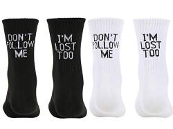 Maijia 4 Paar lustige Buchstaben Socken, Don't Follow Me I'm Lost Too Neuheit lustige Buchstaben Druck Casual Socken Unisex Baumwolle Socken für Damen Herren Mädchen Jungen, Schwarz , Einheitsgröße von Maijia