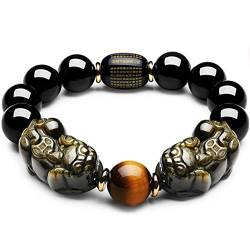 Tigerauge-Armband, Feng Shui-Armband, Doppelte Piyao-Tigerauge-Perlenarmbänder, natürlicher goldener Obsidian, schwarzer Obsidian-Edelstein, Energiearmband, verstellbar, 9,16 mm ( Color : 2_16MM ) von MaikOn