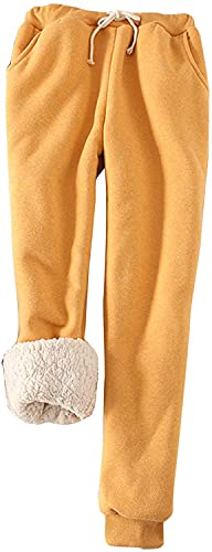 Maimango Frauen Warme Sherpa Gefüttert Jogginghose Kordelzug Sportlich Jogger Fleece Hosen mit Taschen (Yellow,S) von Maimango