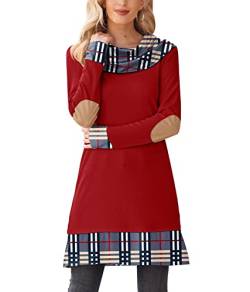 Mainfini Damen Herbstkleid Kariertes langärmeliges Kleid A-Linie Sweater für Winter Herbst Rot XL von Mainfini