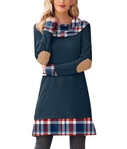 Mainfini Damen Kariertes langärmeliges Kleid A-Linie Sweater für Winter Herbst Marineblau XL von Mainfini