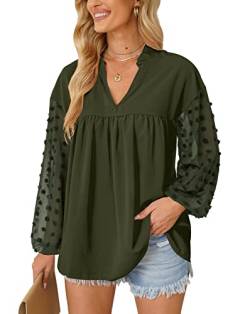 Mainfini Damen Langarmshirt Bluse mit Floraler Spitze Elegant Einfarbige Shirt Lose Tunika Armee Grün L von Mainfini