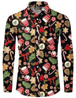 Mainfini Weihnachten Herren Langärm Hawaiihemd Weihnachtshemd Christmas Lustig Ugly Kostüm Shirt Schwarzer Weihnachtshut A6 XL von Mainfini