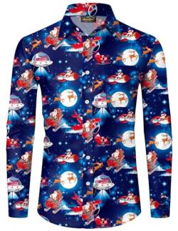 Mainfini Weihnachten Herren Santa 3D Druck Weihnachtshemd Kostüm Lustig Ugly Christmas Shirt Blau B2 XL von Mainfini