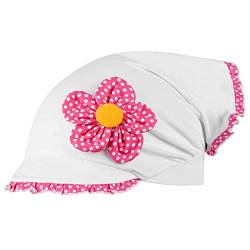 Kopftuch Dreiecktuch Mütze Schirmmütze Stirnband für Mädchen Baby Kinder Baumwolle Punkte Blume, Farbe: Weiß-Pink, Größe: 50-52 von Maja
