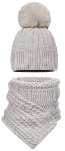 Majka® Wintermütze Damen Mütze Schal Set Winter Wollmütze Strickmütze Damenmütze Bommelmütze Haube Fellbommel Mützen Strick Beanie Bommel Slouch Hergestellt in EU (Beige) von Majka