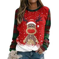 MakeYouChic Weihnachtspullover Damen Weihnachten Sweatshirt Pullover Rentier Weihnachts Plaid Langarm Rundhals Pulli Sweater Herbst Winter Xmas Langarmshirt Tops Oberteile Shirts von MakeYouChic